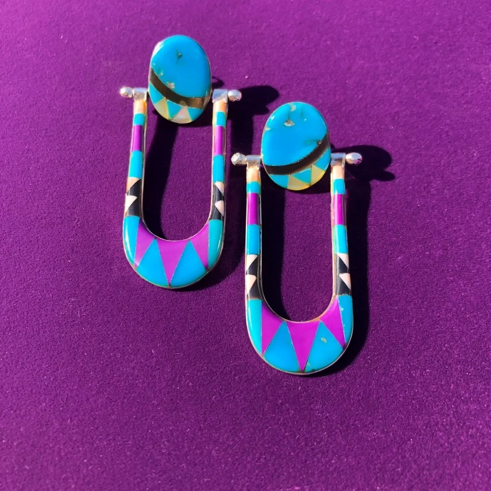 Vintage Native American Zuni - Inlay Earrings in Sterling. - Picture 3 of 8